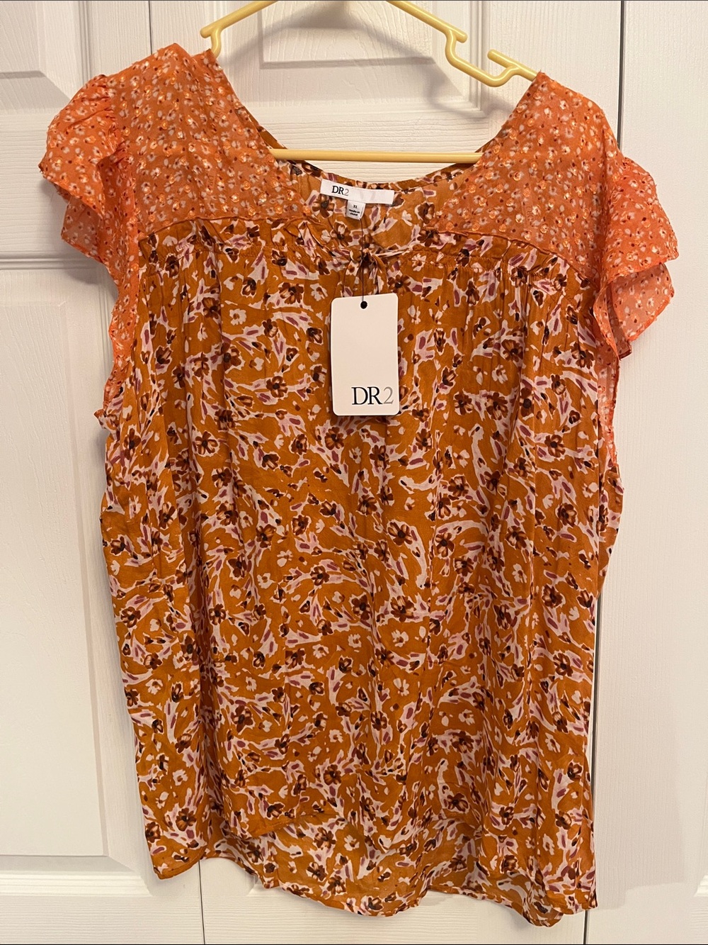 DR2 Women's Mustard Orange Floral Short-Sleeve Blouse